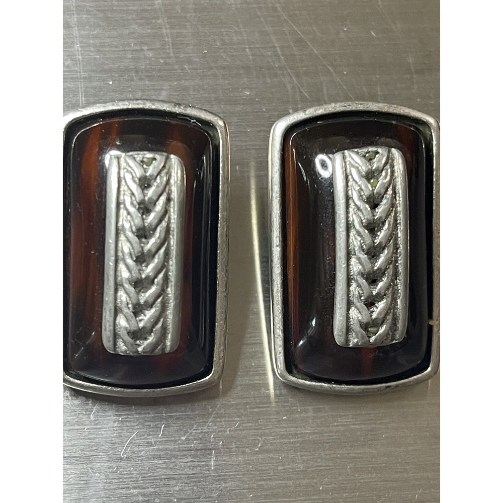 Vintage Ben Amun Modern Pewter/Lucite Clip On Earrings Dark Carmel Color Signed - Picture 3 of 11